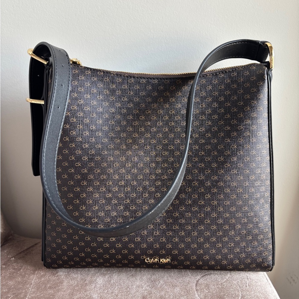 Calvin Klein Black and Brown Monogram Shoulder Bag